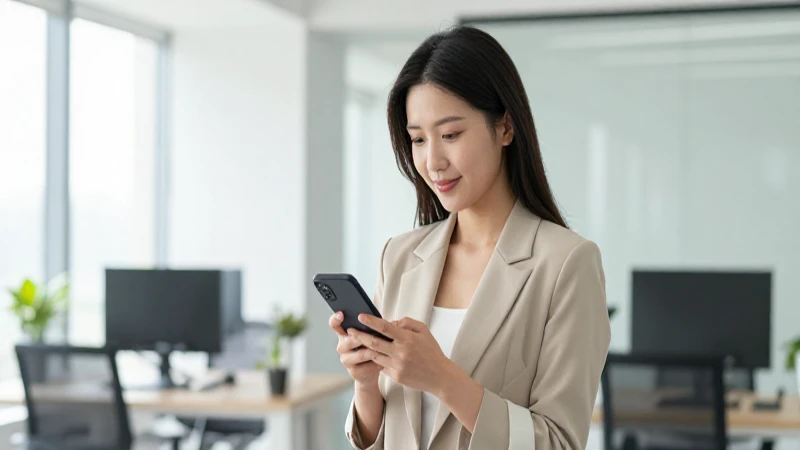 Mujer usa móvil en oficina moderna