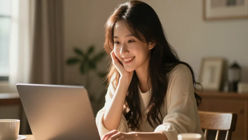 Cuáles son los 10 mejores blogs de educación financiera 21 Mujer sonriente, laptop, luz cálida y acogedora