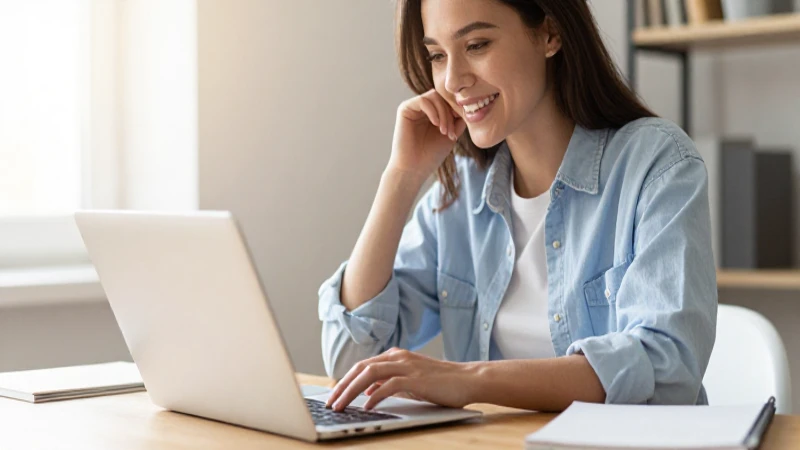 Cuáles son los 10 mejores blogs de educación financiera 12 Mujer sonriendo con laptop, luz cálida.