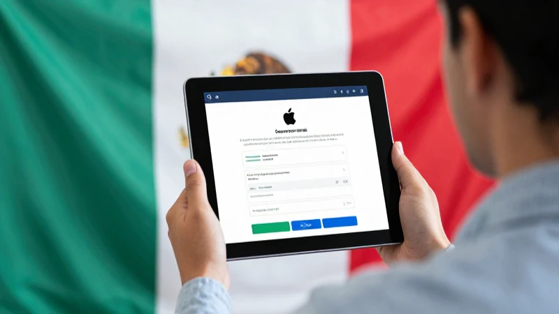 Hombre con tablet, bandera mexicana, compra acciones Apple.