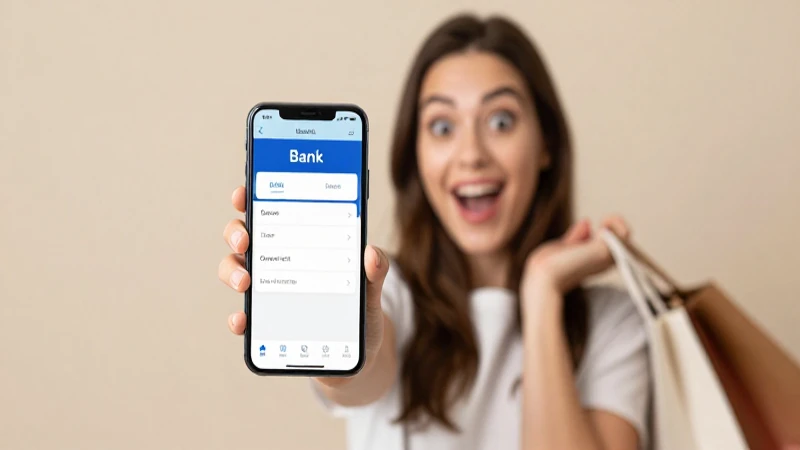 Comprador emocionado, app bancaria en móvil