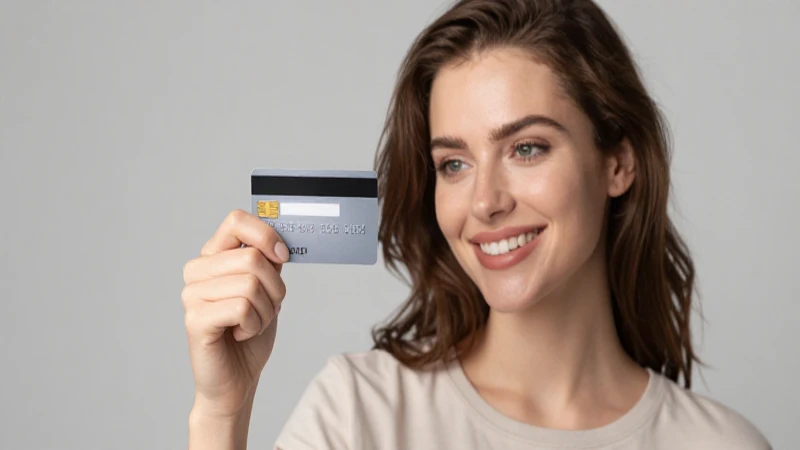 Mujer sonríe con tarjeta de crédito
