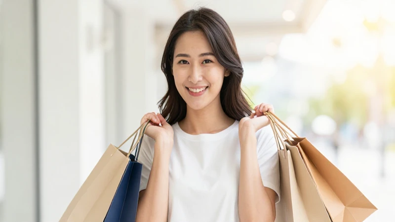 Mujer sonríe feliz comprando bajo luz suave