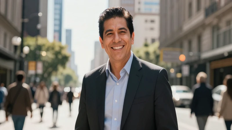 Hombre de negocios mexicano sonríe en la ciudad