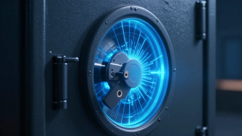 Caja fuerte futurista azul, iluminación cinematográfica