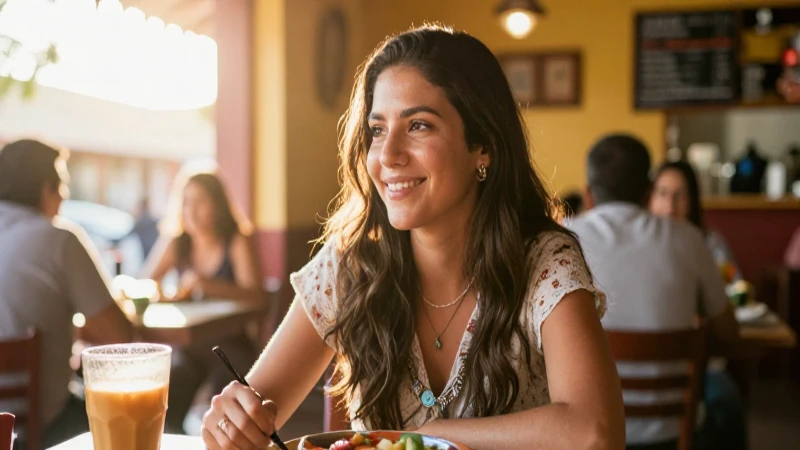 Mujer sonríe en restaurante mexicano soleado