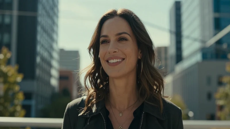 Mujer sonriente en la ciudad bajo luz brillante