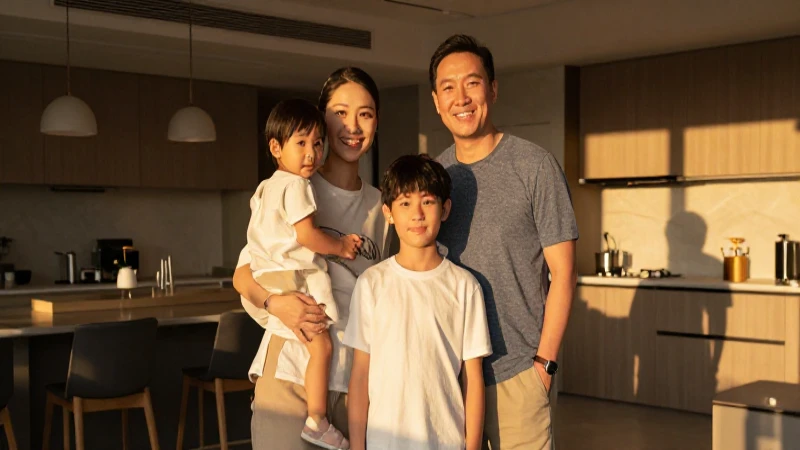 Familia sonriente en cálido hogar moderno.