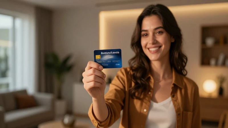 Mujer usa tarjeta en moderno apartamento