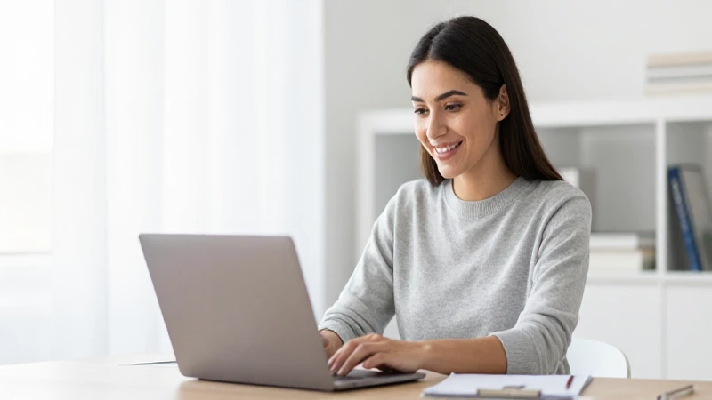 Mujer sonríe trabajando en un laptop.