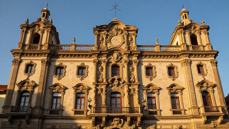 Fachada histórica, arquitectura ornamentada, luz dorada cálida.