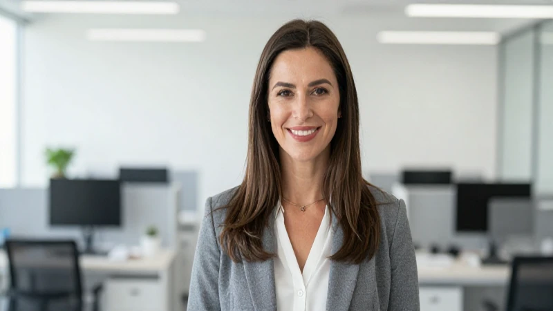 Mujer sonriendo en oficina bien iluminada