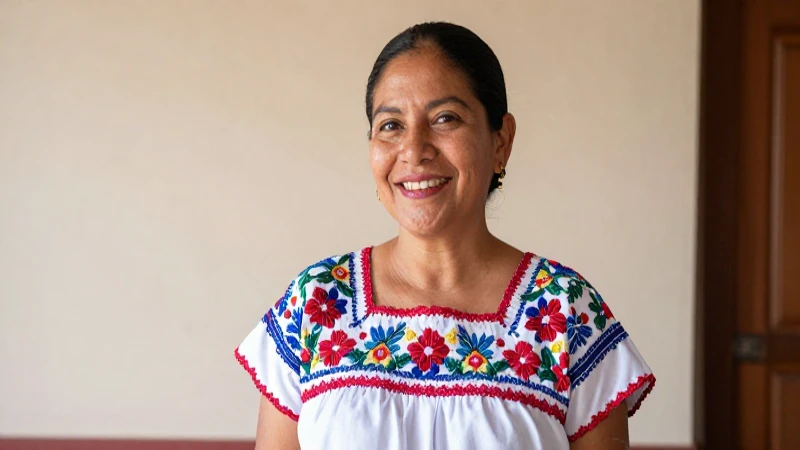 Mujer Huasteca sonríe en luz cálida.