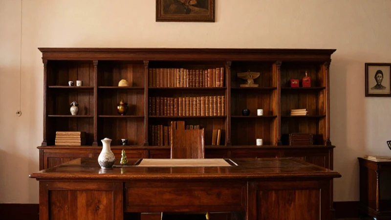 Banco mexicano con escritorio de madera y luz cálida.