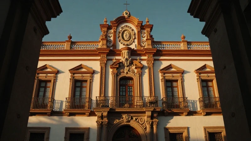 Edificio histórico resalta al atardecer cinematográfico.