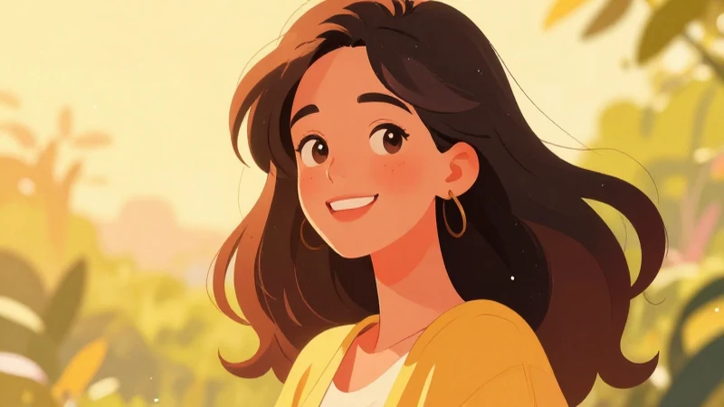 Mujer sonriente bajo sol cálido e ilustrativa