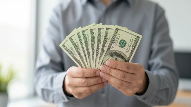 Hombre sostiene dinero en oficina, luz suave