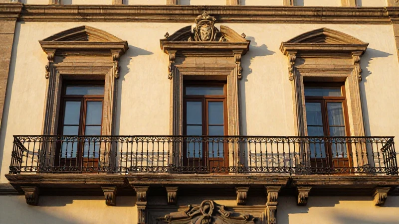 Fachada histórica con balcón de hierro dorado.