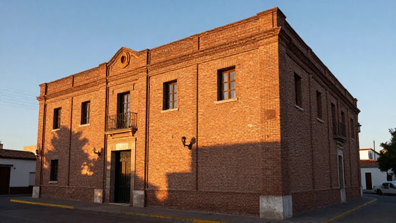 Fotografía arquitectónica de un banco en tonos cálidos.