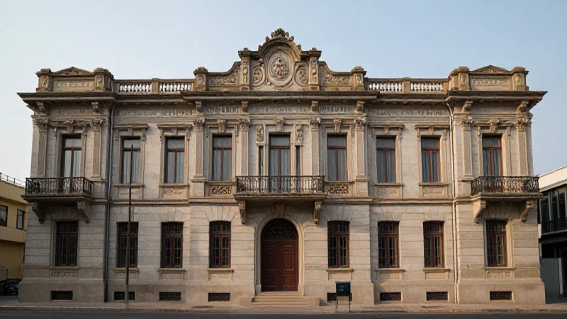 Edificio bancario antiguo, fachada elaborada, luz suave