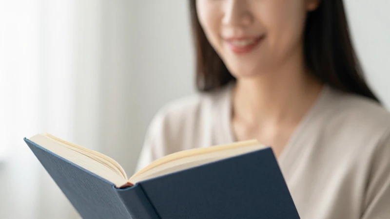 Mujer sonríe, libro abierto, luz suave