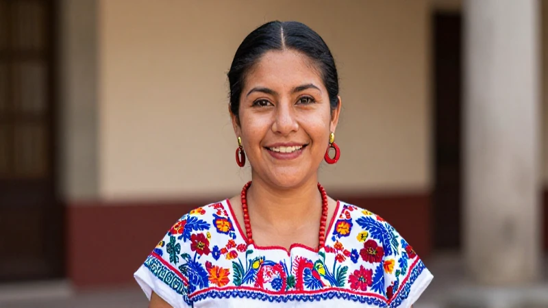 Mujer sonriente, vestida al estilo oaxaqueño
