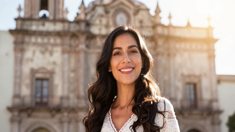 Mujer sonriente, arquitectura oaxaqueña, luz cálida