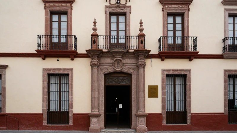 Fachada bancaria oaxaqueña, cálida y diurna