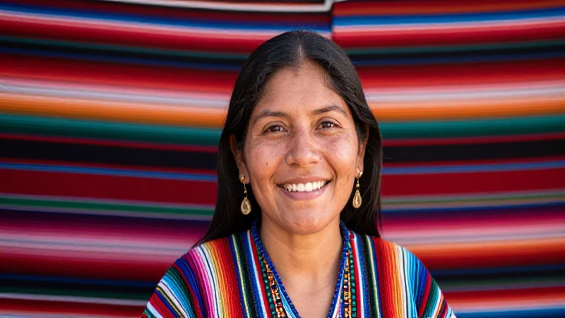 Mujer sonríe con textiles oaxaqueños