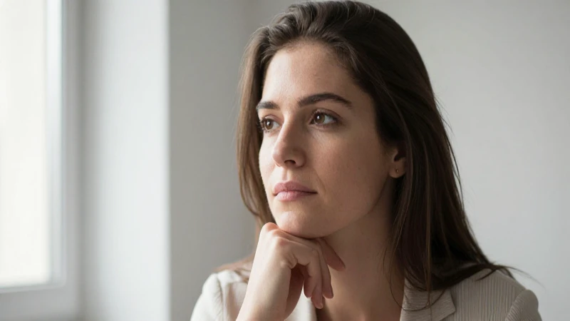 Mujer pensativa en luz natural suave.