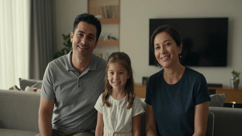 Familia feliz en hogar iluminado cálidamente