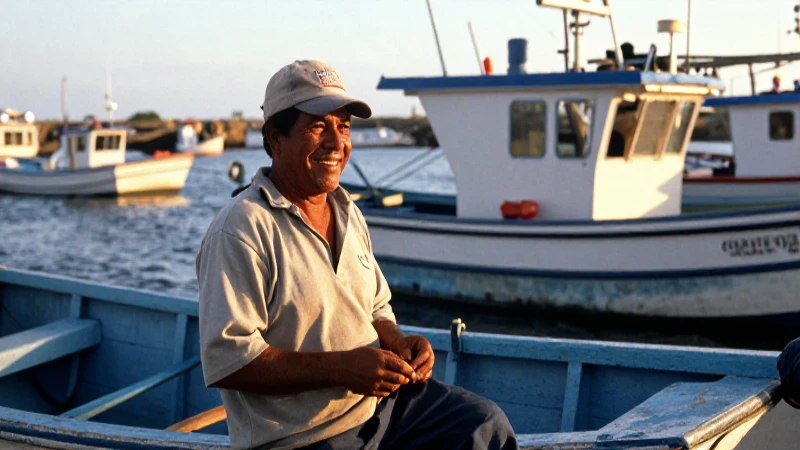 Pescador sonríe en puerto con luz cálida.