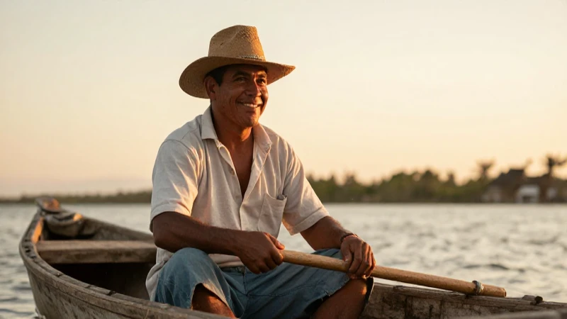 Pescador sonríe al atardecer, documental y apoyo