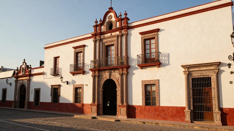 Arquitectura mexicana, sol y colores cálidos.