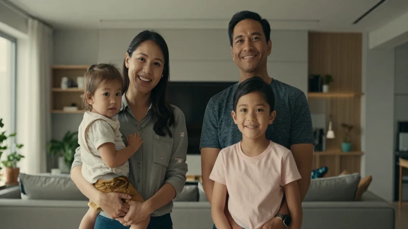 Familia feliz en hogar iluminado cálidamente