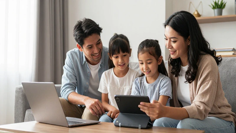 Familia feliz, salón moderno y luz cálida.