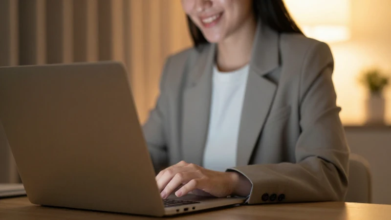 Sonrisa profesional con laptop y luz cálida.