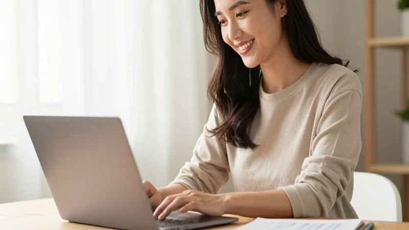 Mujer sonríe, laptop, luz cálida y suave