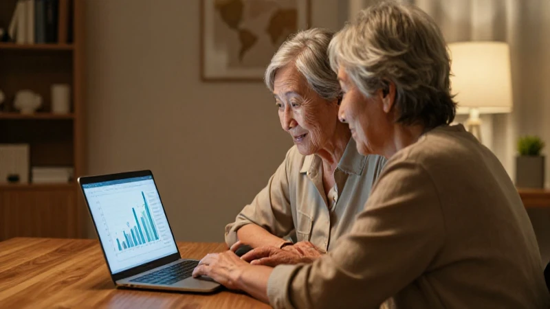 Pareja mayor observa un gráfico en la pantalla