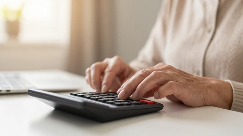 Mujer mayor calcula finanzas con luz cálida