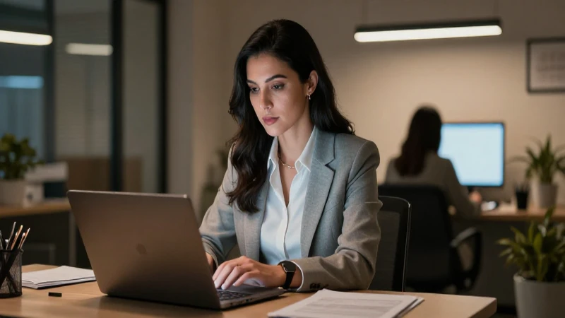 Inversión femenina, laptop y luz cálida