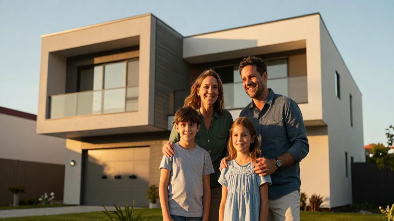 Casa moderna, familia feliz, luz dorada, fotografía arquitectónica.