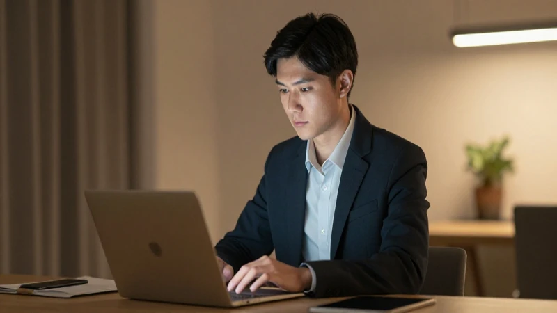 Profesional joven con laptop, luz cálida