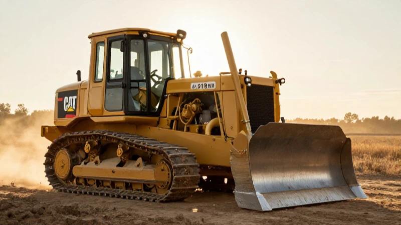 Bulldozer antiguo en campo, luz dorada, evolución Cat 2019.