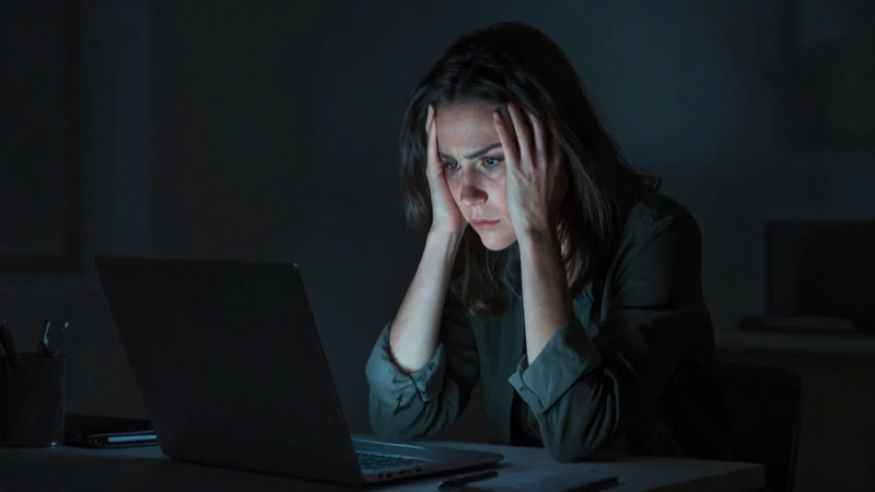 Mujer preocupada frente a una laptop brillante