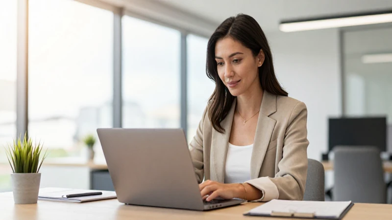 Mujer trabajando en oficina moderna y luminosa.