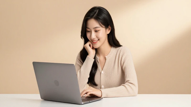 Joven sonriendo con laptop, luz suave
