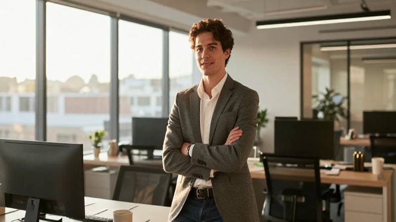 Profesional joven, oficina moderna, luz dorada