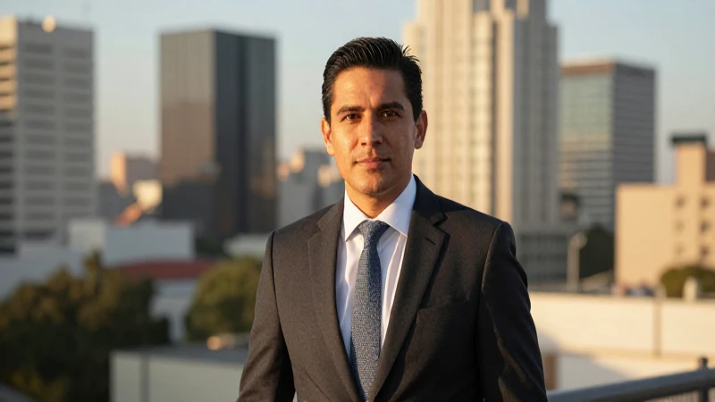 Hombre de negocios mexicano en paisaje urbano cálido
