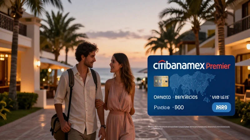 Citibanamex Premier: Opinión sobre Beneficios y Comparativas 12 Pareja viajera en resort lujoso, cálido y cinematográfico